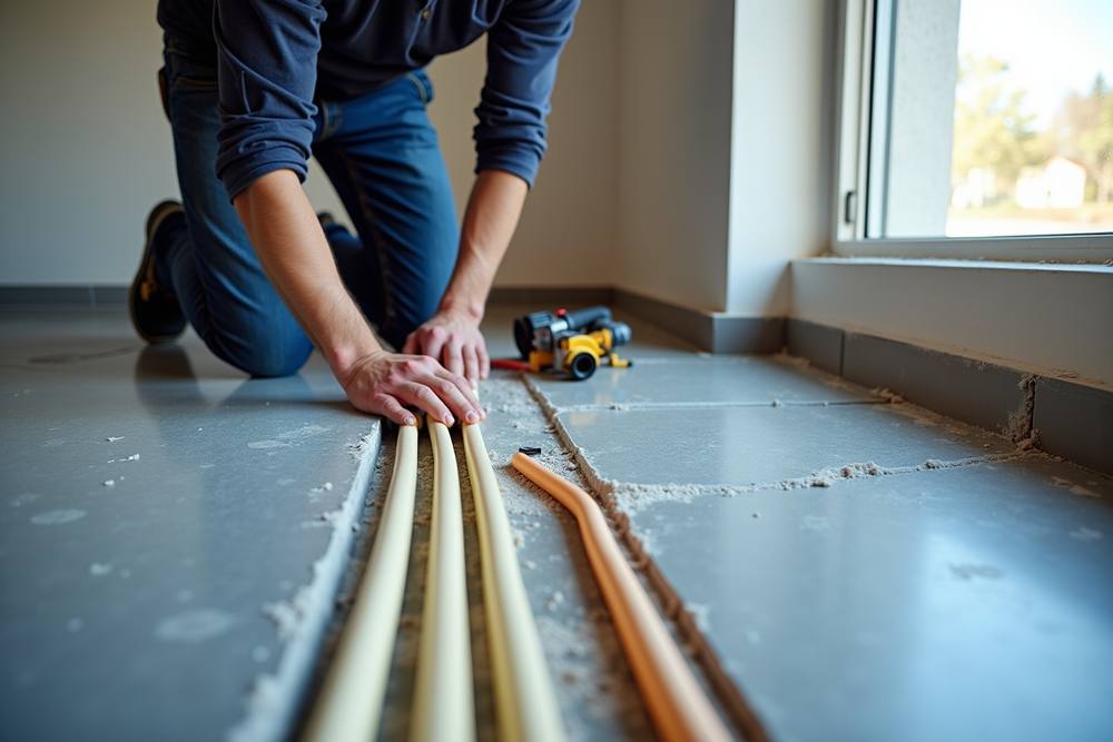 Travaux de rénovation de sol avec outils et matériaux.