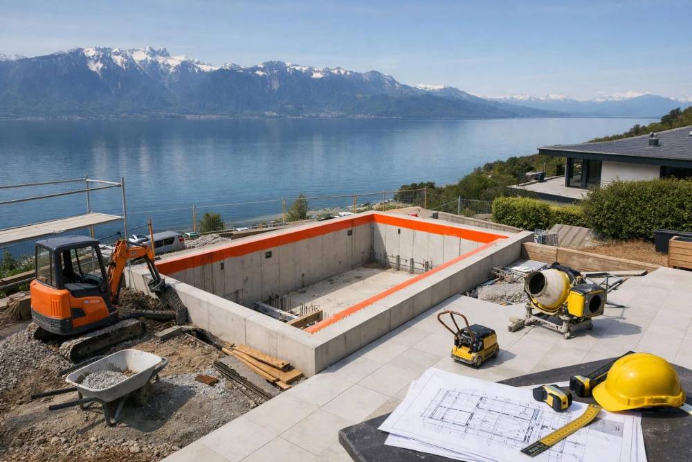 Chantier de construction d'une piscine à débordement de luxe avec vue sur le lac Léman, villa moderne en construction, Alpes suisses en arrière-plan, équipements visibles, travaux techniques en cours.