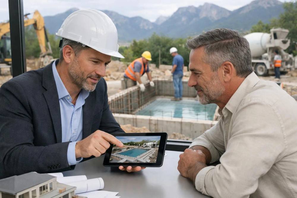Un chantier de construction de piscine de luxe dans les Alpes suisses, avec des travaux d'excavation en cours, des montagnes en arrière-plan, du matériel moderne et des ouvriers en tenue professionnelle examinant des plans techniques.