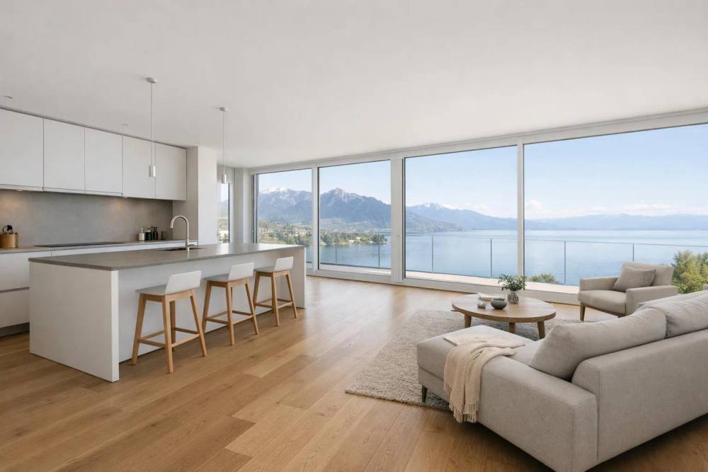 Cuisine moderne avec vue panoramique sur le lac et les montagnes.