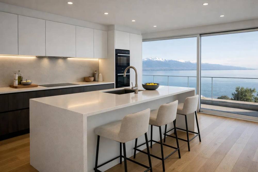 Cuisine moderne avec vue panoramique sur le lac.