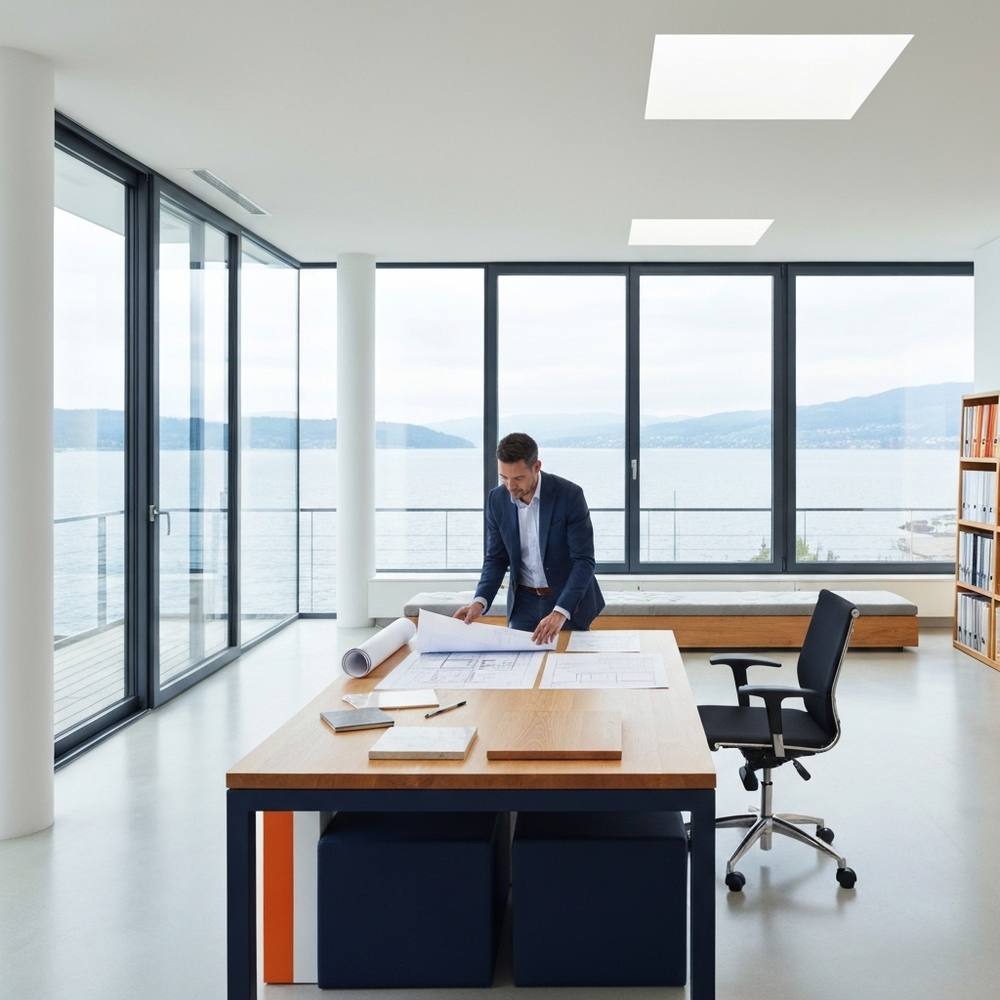[Un architecte d'intérieur élégant examinant des plans et des échantillons de matériaux nobles (marbre, bois) dans un bureau moderne et lumineux, avec vue sur le Lac Léman.]