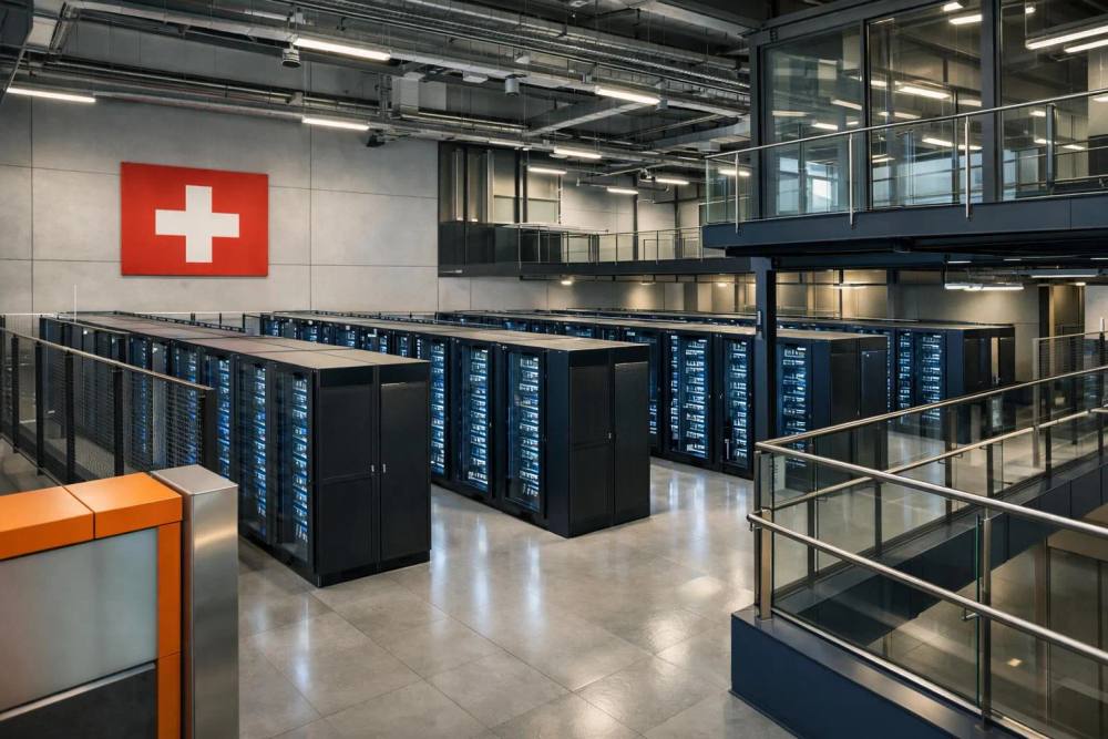 Modern Swiss datacenter with rows of secure servers glowing with blue lights, Swiss flag subtly visible on facility wall, professional high-tech atmosphere with steel and glass architecture, emphasis on security and sovereignty