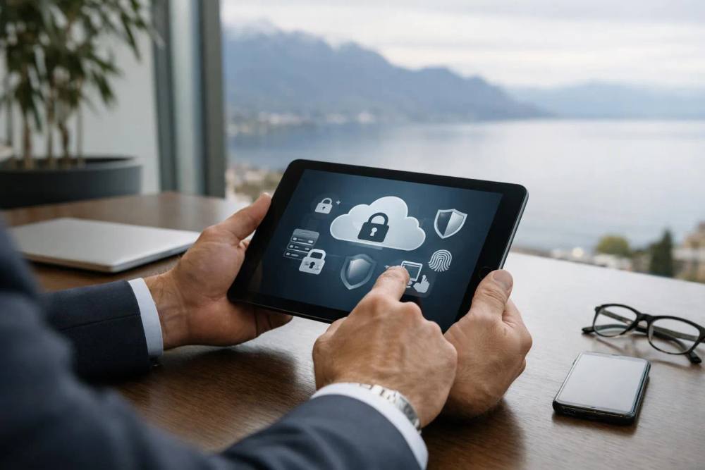 Professionnel suisse en costume consultant une tablette affichant des icônes de sécurité cloud dans un bureau moderne avec fenêtres donnant sur le lac Léman, atmosphère de confiance et discrétion, éclairage naturel tamisé, détails de sécurité technologique visibles sur l'écran