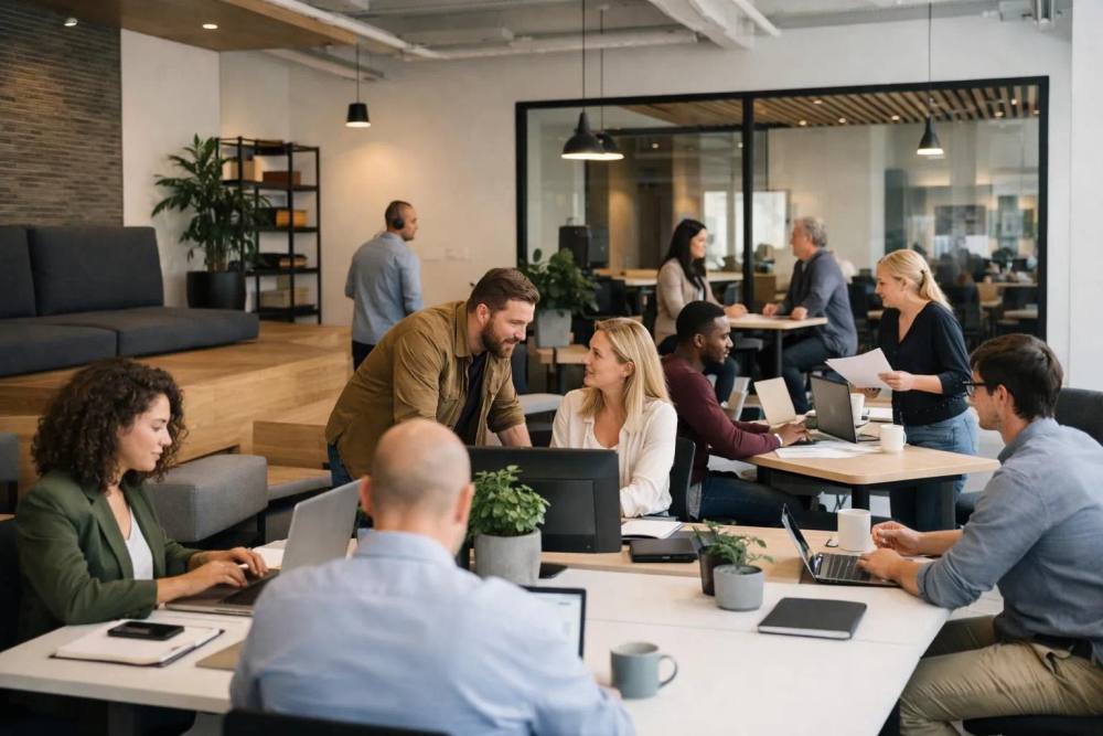 Environnement de bureau ouvert moderne en Suisse avec plusieurs employés à des bureaux travaillant sur des ordinateurs, espace de travail collaboratif animé avec défis acoustiques, lumière naturelle par les fenêtres, design intérieur contemporain professionnel.