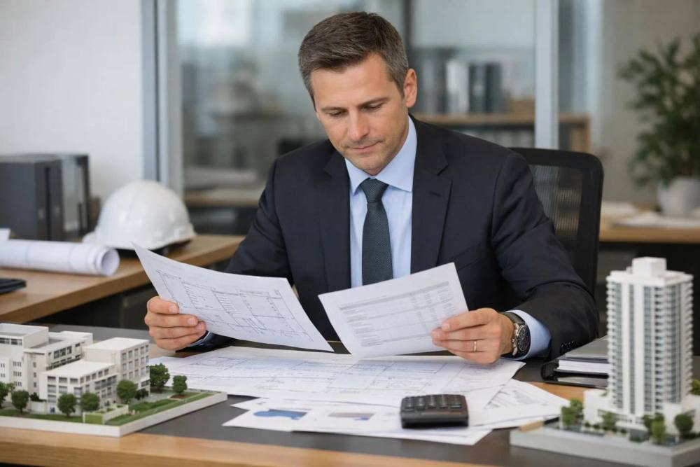 Homme d'affaires examinant des plans et des documents sur son bureau.