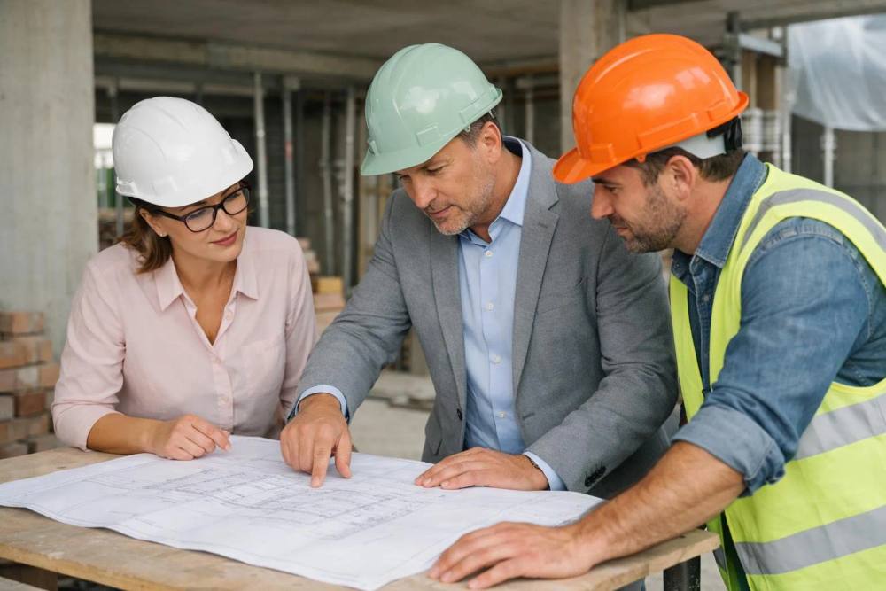 Trois professionnels du bâtiment examinent attentivement des plans de construction.