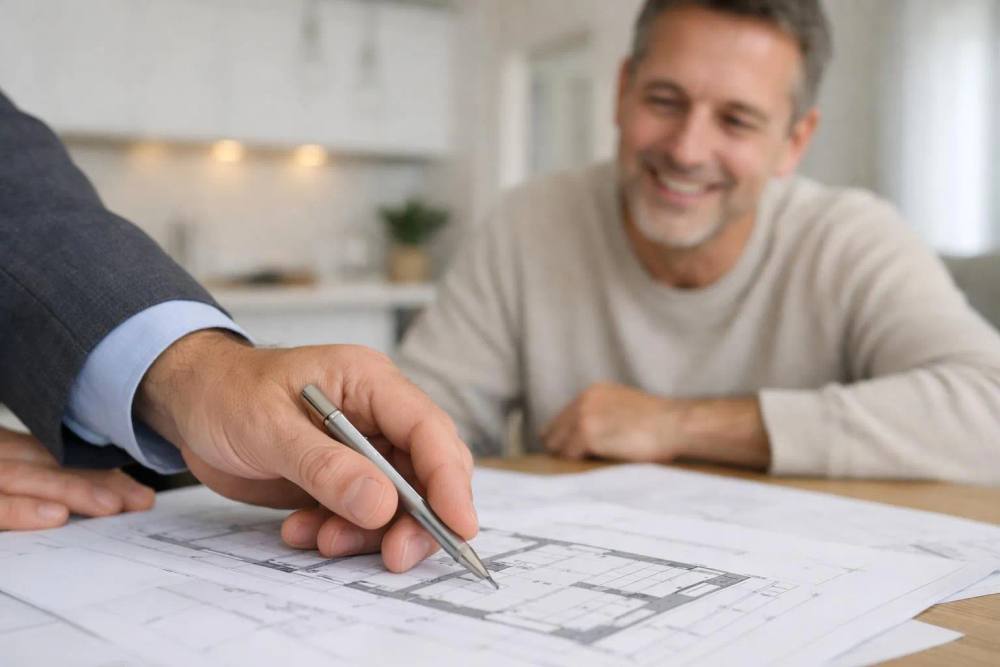 Homme d'affaires examinant des plans de construction avec un sourire.