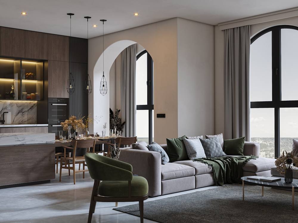 Intérieur moderne et élégant avec des meubles confortables et des accents de couleurs sombres.