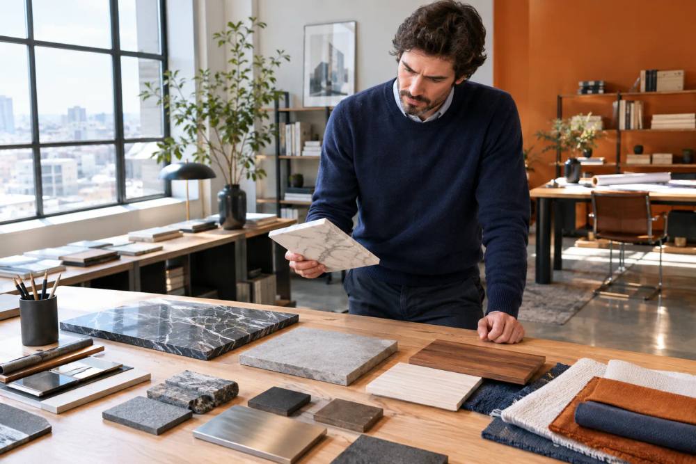 Architecte examinant des échantillons de matériaux dans un bureau.