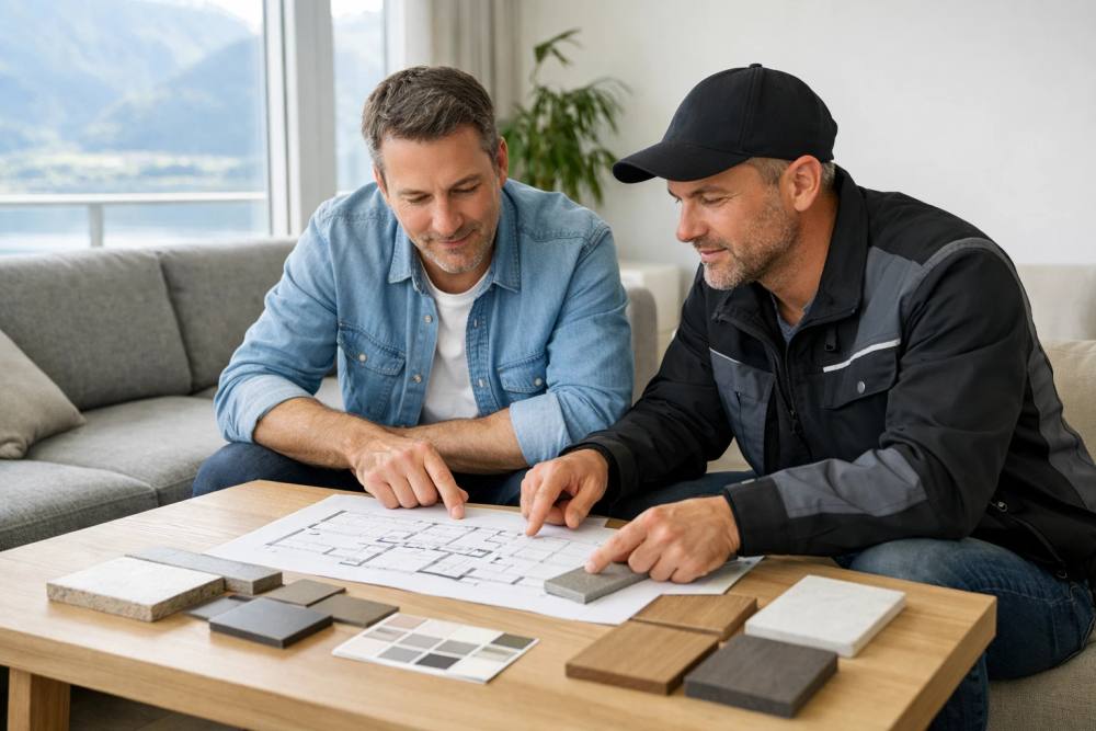 Un propriétaire dans la quarantaine examine des documents et des échantillons de rénovation avec un entrepreneur dans un salon suisse moderne, étudiant des plans et des échantillons de matériaux sur une table, sous la lumière naturelle des grandes fenêtres.