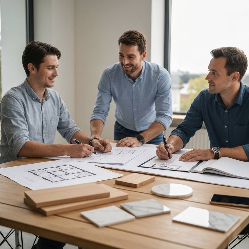 [Une image élégante d'une réunion de planification sur un chantier de rénovation de luxe dans la région de Lausanne. On y voit des plans architecturaux, des échantillons de matériaux nobles (bois, marbre) sur une table. L'ambiance est professionnelle et collaborative.]