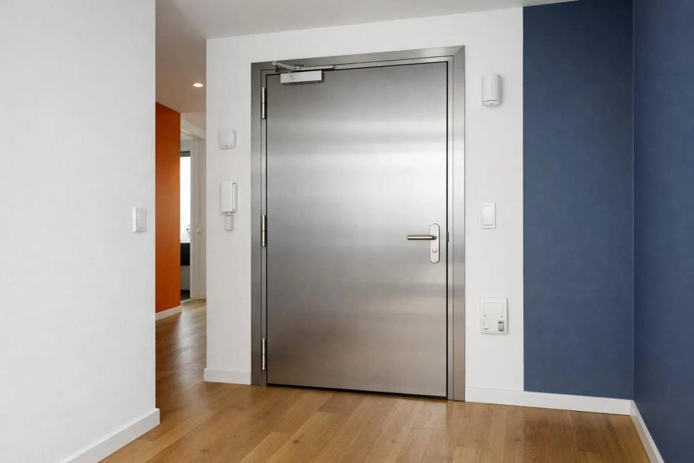 Porte coupe-feu moderne installée dans un couloir d'appartement suisse contemporain, finition métallique haut de gamme, mécanisme de fermeture, parquet en bois élégant et murs blancs, éclairage naturel, équipement de sécurité résidentiel visible.