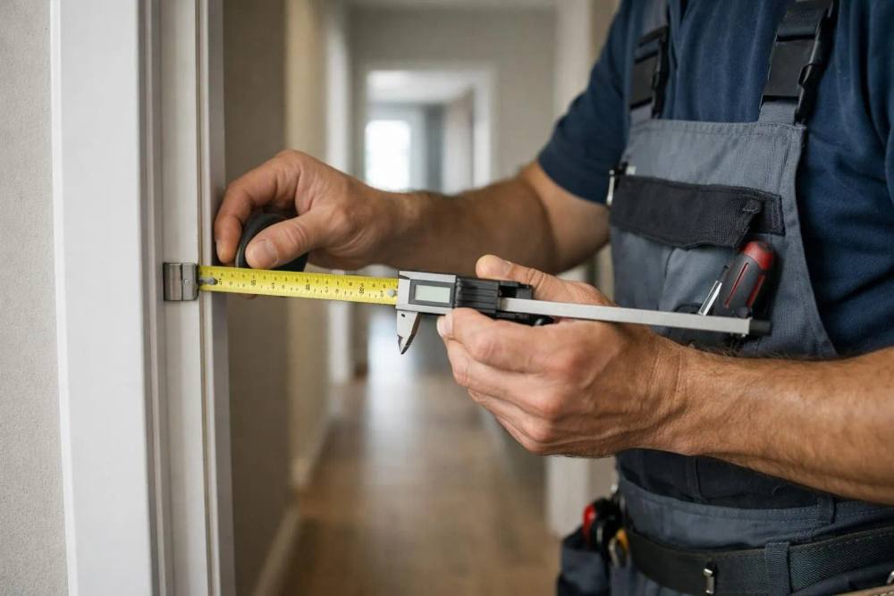 Un installateur professionnel en uniforme de travail mesurant un encadrement de porte avec des outils de précision dans un couloir d'appartement moderne, un encadrement de porte en métal visible, intérieur d'appartement suisse aux murs blancs, artisan concentré prenant des mesures, travail de préc