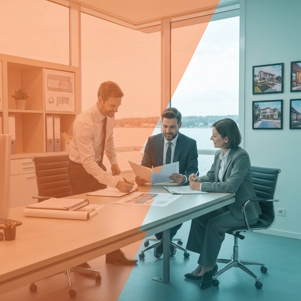 Un courtier d'assurance professionnel en costume taillé élégant examine la documentation d'une propriété de luxe avec un client fortuné dans un bureau sophistiqué avec vue sur un lac, des plans architecturaux et des photos de la propriété visible, sous la lumière naturelle, dans une atmosphère professionnelle.