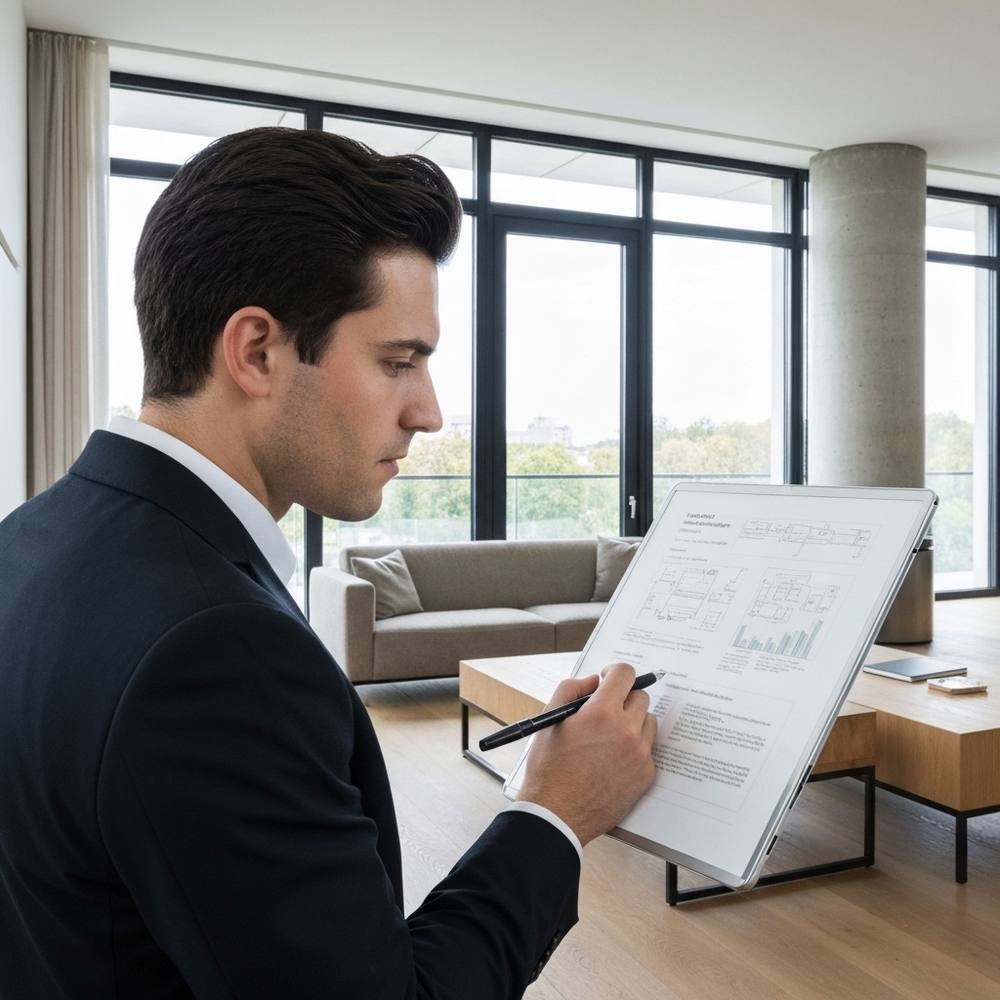 Un courtier d'assurance professionnel en costume élégant effectue une évaluation détaillée de la propriété avec le propriétaire d'une maison de luxe dans un salon raffiné, examinant les caractéristiques architecturales et prenant des notes sur une tablette.