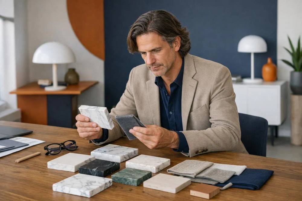 Consultation de rénovation intérieure de luxe avec un architecte examinant des échantillons de marbre et de tissus sur une élégante table en bois dans un espace de travail moderne lumineux.