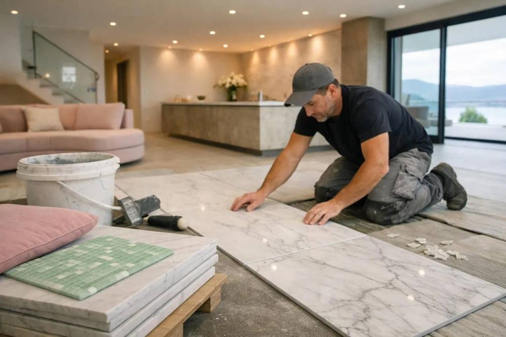Intérieur élégant de la villa vaudoise en cours de rénovation de luxe, avec un sol en marbre immaculé, un éclairage encastré sophistiqué et des artisans travaillant sur des finitions murales haut de gamme avec des matériaux premium visibles au premier plan.