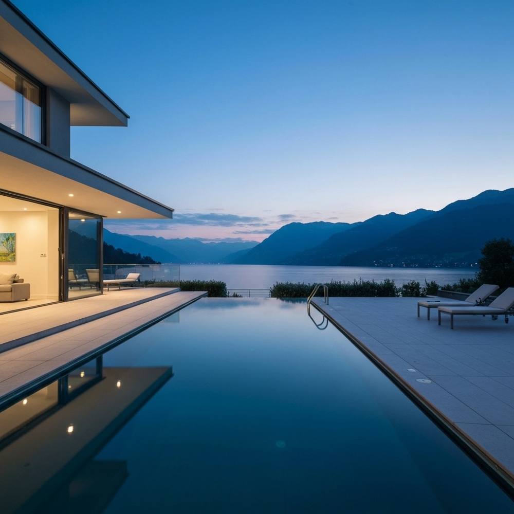 [Une piscine design et épurée, parfaitement intégrée à l'architecture d'une villa moderne au crépuscule sur les bords du Lac Léman, avec un éclairage architectural subtil.]