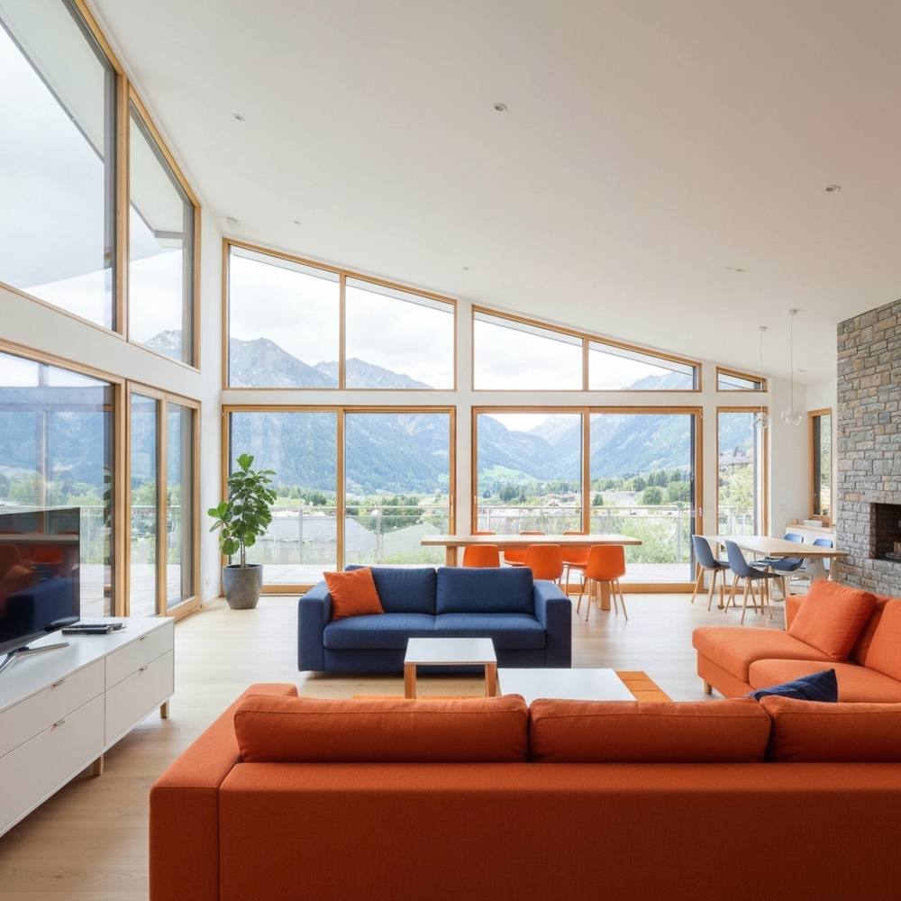 [Intérieur luxueux et lumineux d'une villa moderne en Suisse, avec de grandes fenêtres donnant sur un paysage alpin, symbolisant le confort thermique et l'efficacité énergétique.]