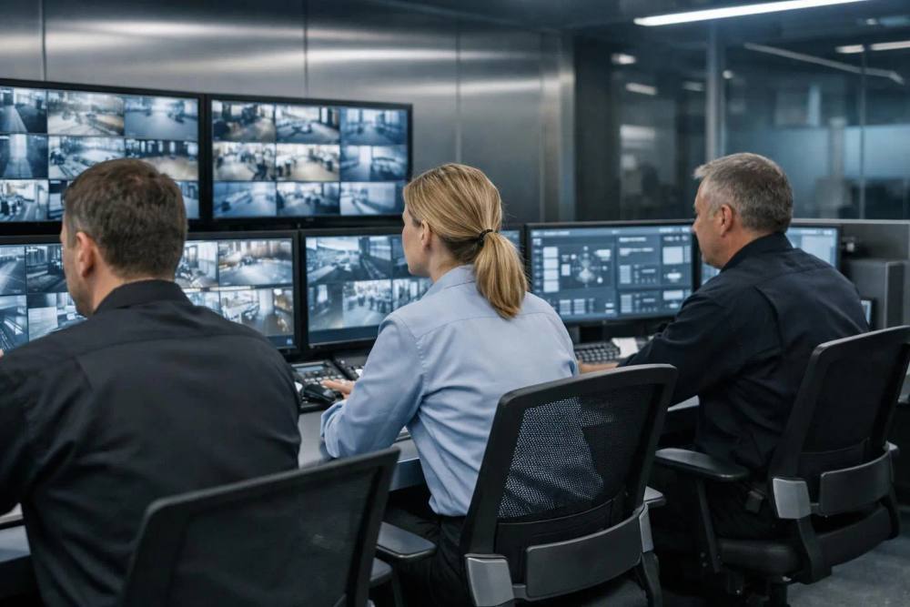 Équipe de sécurité surveillant des écrans de vidéosurveillance dans un centre de contrôle.