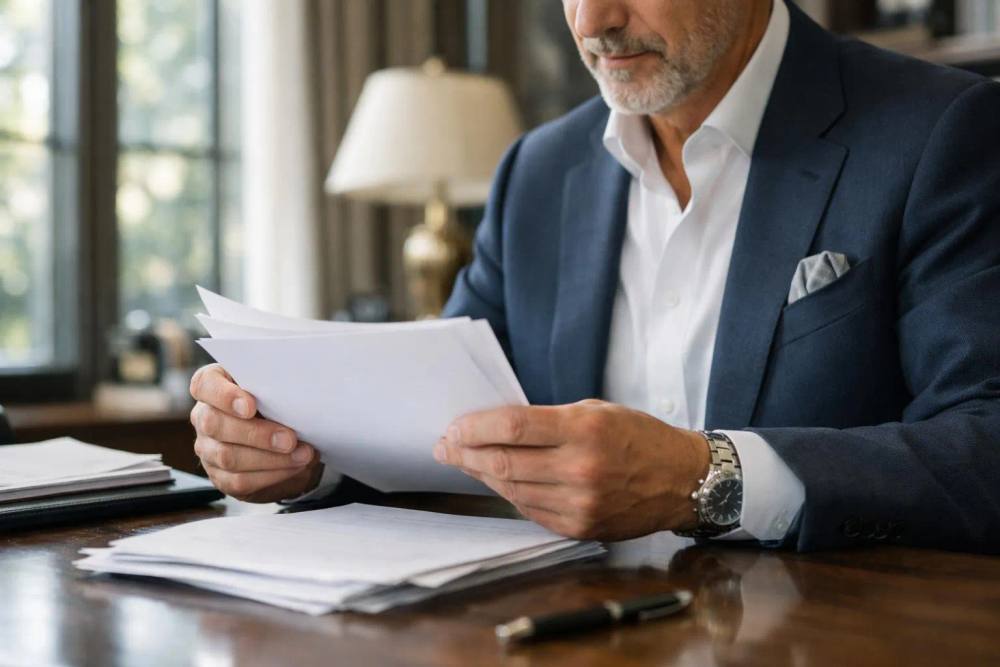 Homme d'affaires mature examinant attentivement des documents sur son bureau.