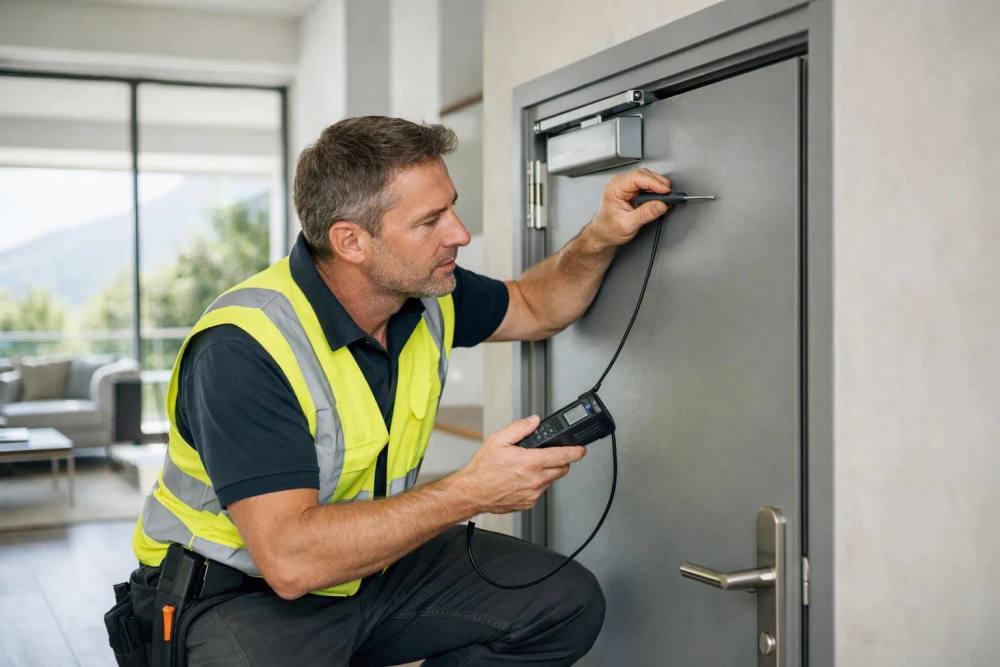 Technicien installant un système de sécurité sur un mur.