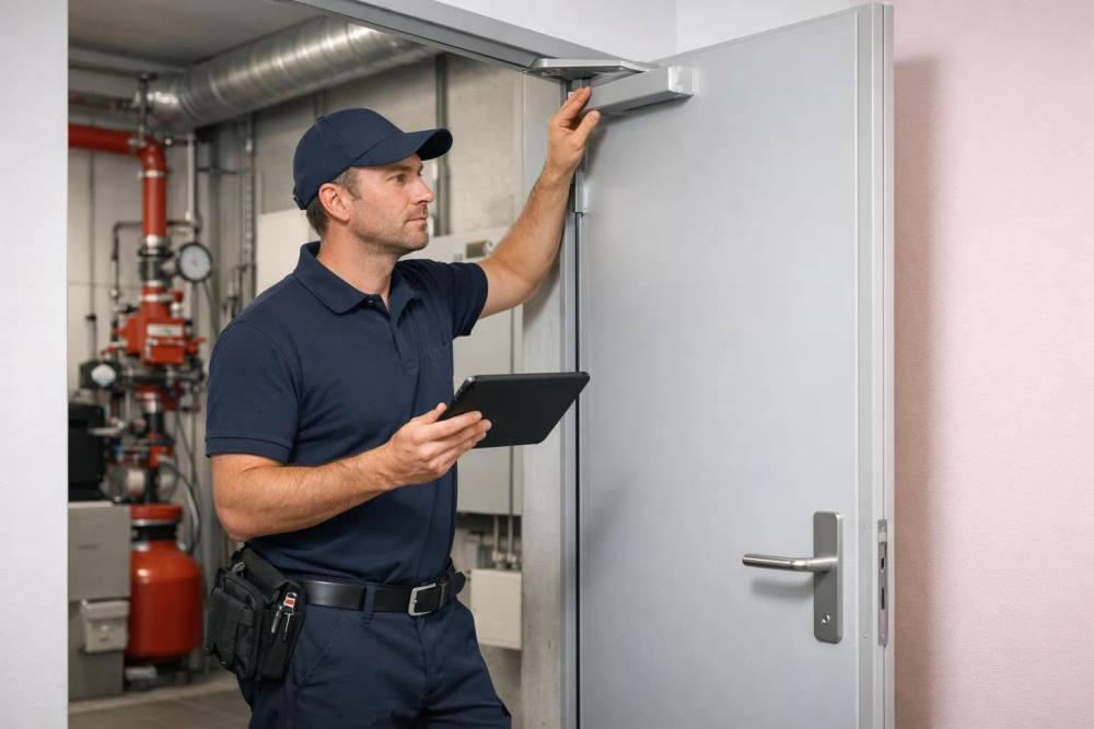 Technicien de maintenance vérifiant un système de ventilation dans un bâtiment.