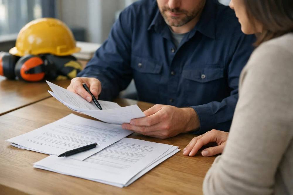 Homme en uniforme de travail examinant des documents sur un bureau.