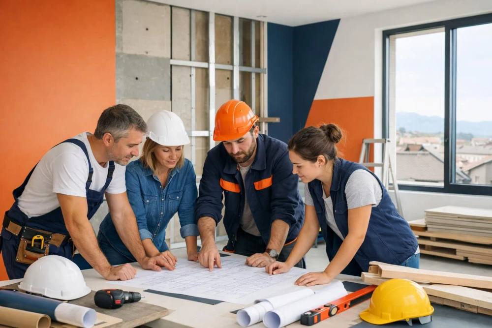 Rénovation de bureau professionnel moderne à Lausanne montrant des ouvriers et architectes examinant des plans dans un espace de travail lumineux avec matériaux de rénovation apparents, outils de mesure et installations murales partielles.