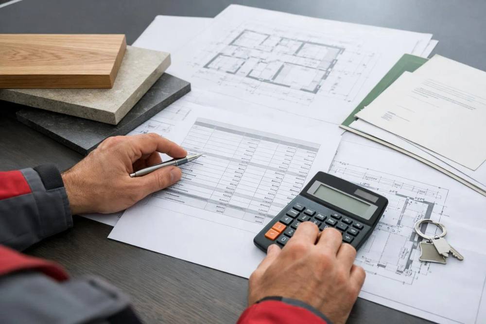 Un professionnel suisse de la construction examine attentivement un devis détaillé de rénovation, avec une calculatrice et des plans d'architecture sur un bureau moderne, des échantillons de matériaux haut de gamme et des documents de certification Minergie visibles.