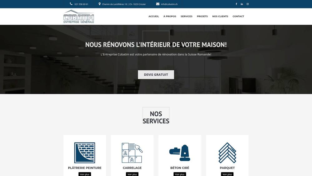 Accueil du site web Cobatim présentant leur image de marque et leurs services d'entrepreneur général.