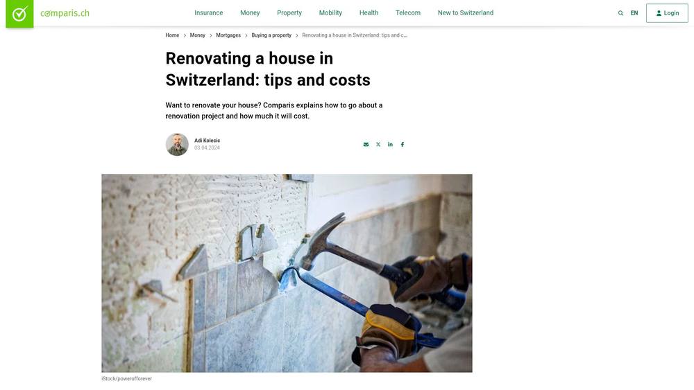 Tableau comparatif des coûts de rénovation en Suisse basé sur les données de Neho et Ofri.