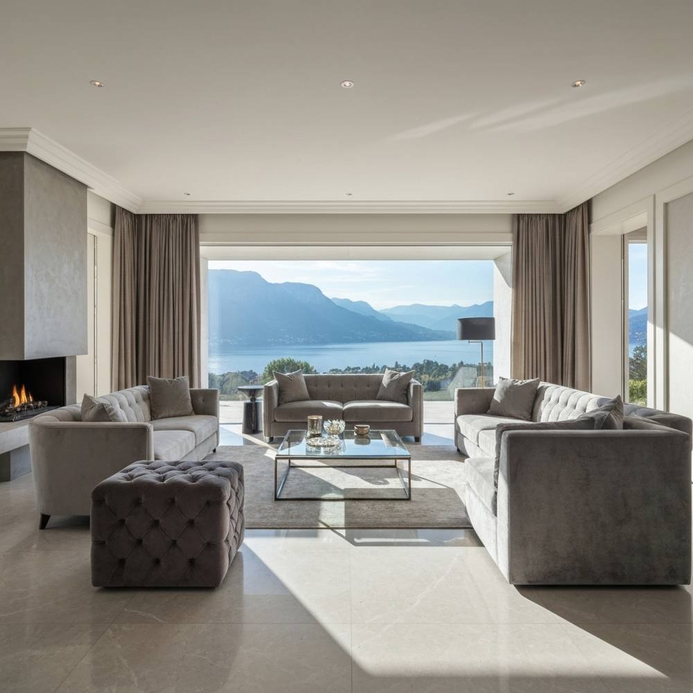 Rénovation intérieure luxueuse d'un salon avec vue sur le lac Léman, matériaux nobles, parquet en chêne et éclairage design. Rénovation intérieure luxueuse d'un salon avec vue sur le lac Léman, matériaux nobles, parquet en chêne et éclairage design.