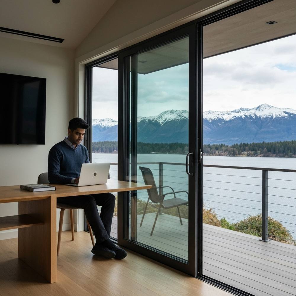 Rénovation haut de gamme d'un salon moderne en Suisse avec vue sur le lac à travers de grandes fenêtres.