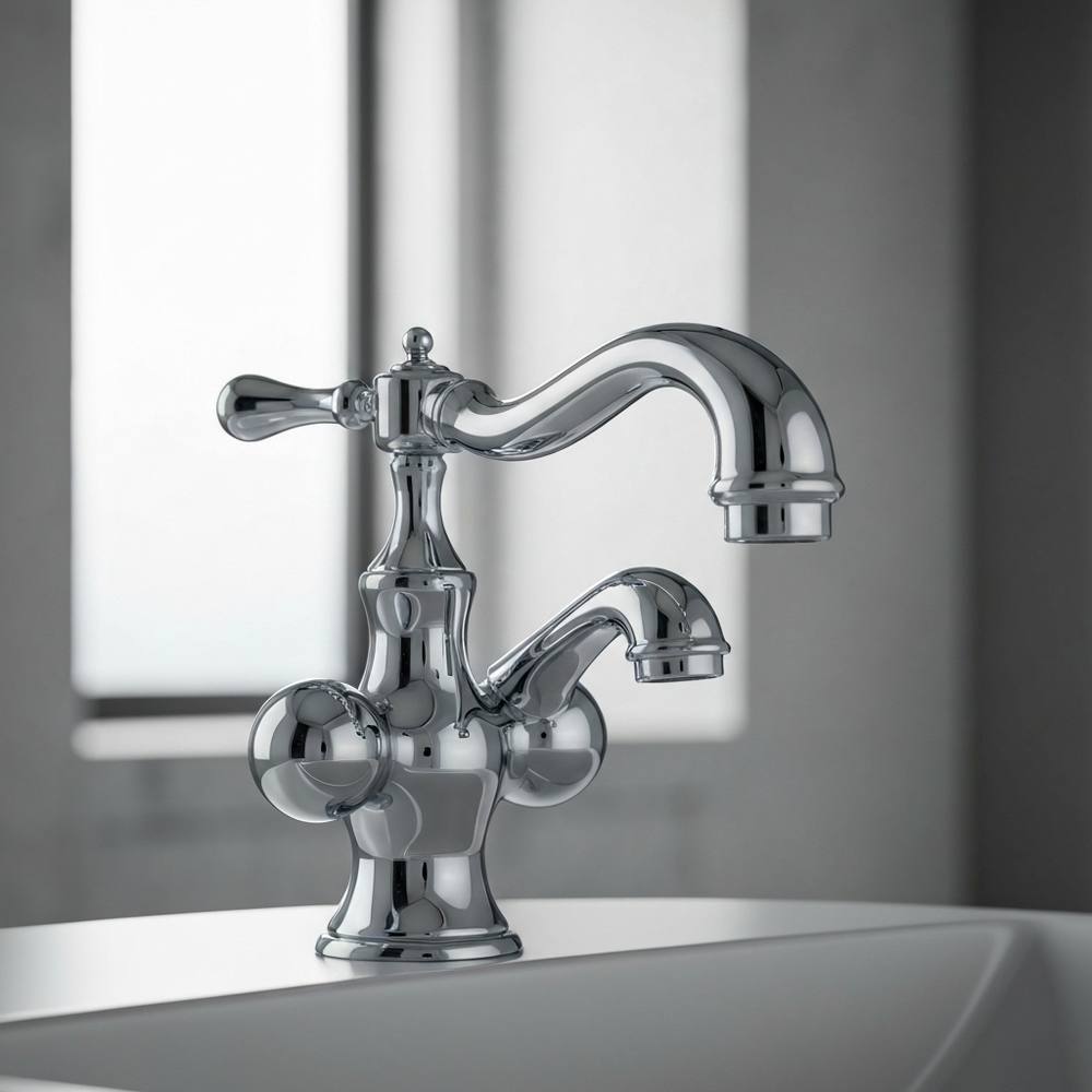 Gros plan sur les détails d'un robinet en or premium et la texture du lavabo en marbre.