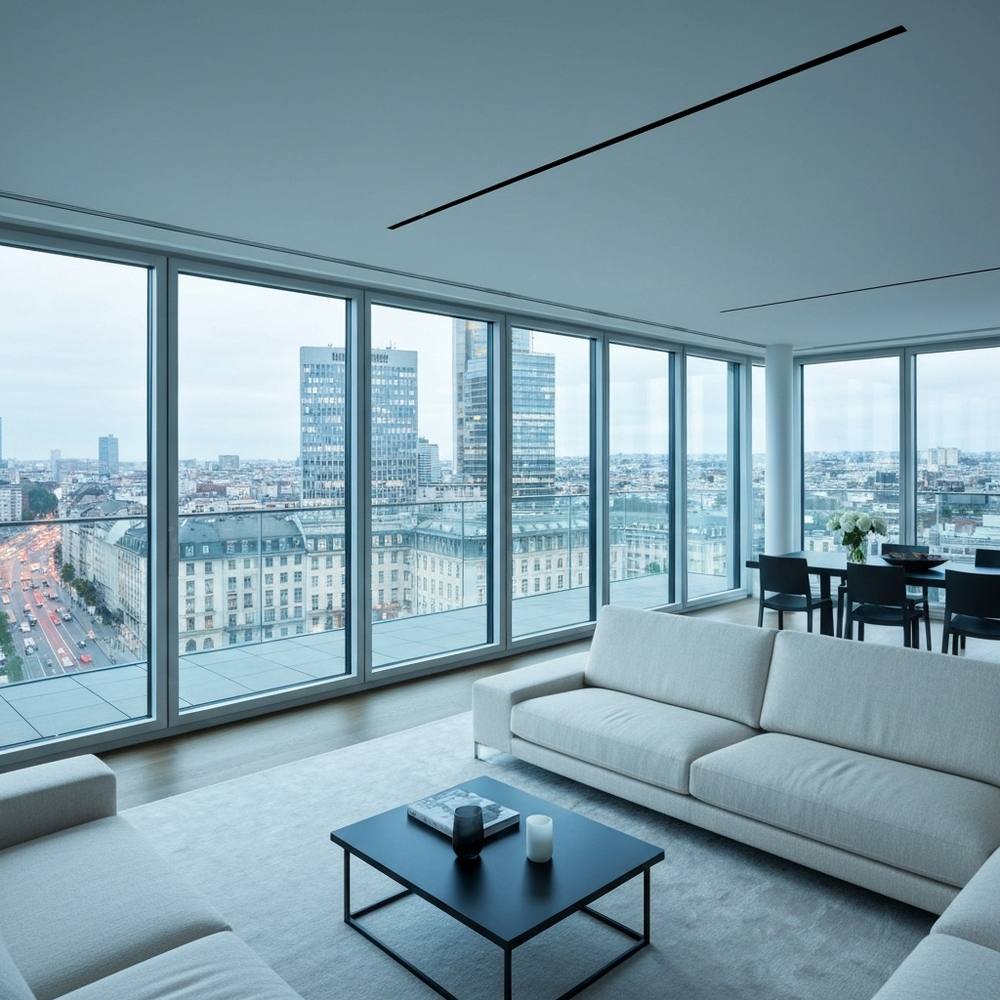 Salon de luxe d'un appartement moderne en rénovation à Genève avec vue sur le lac.