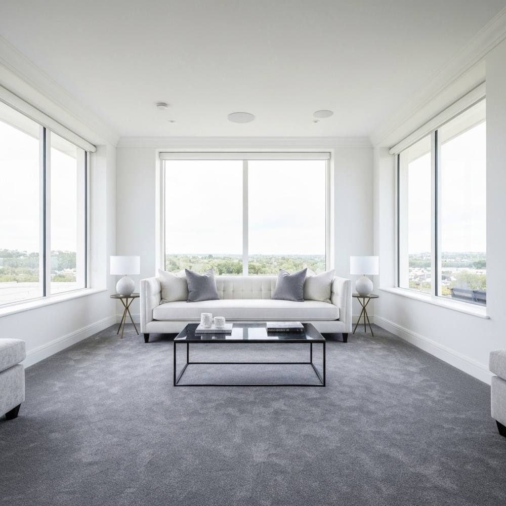 Rénovation de luxe d'un appartement haut de gamme à Lausanne avec un salon moderne offrant une vue sur le lac.