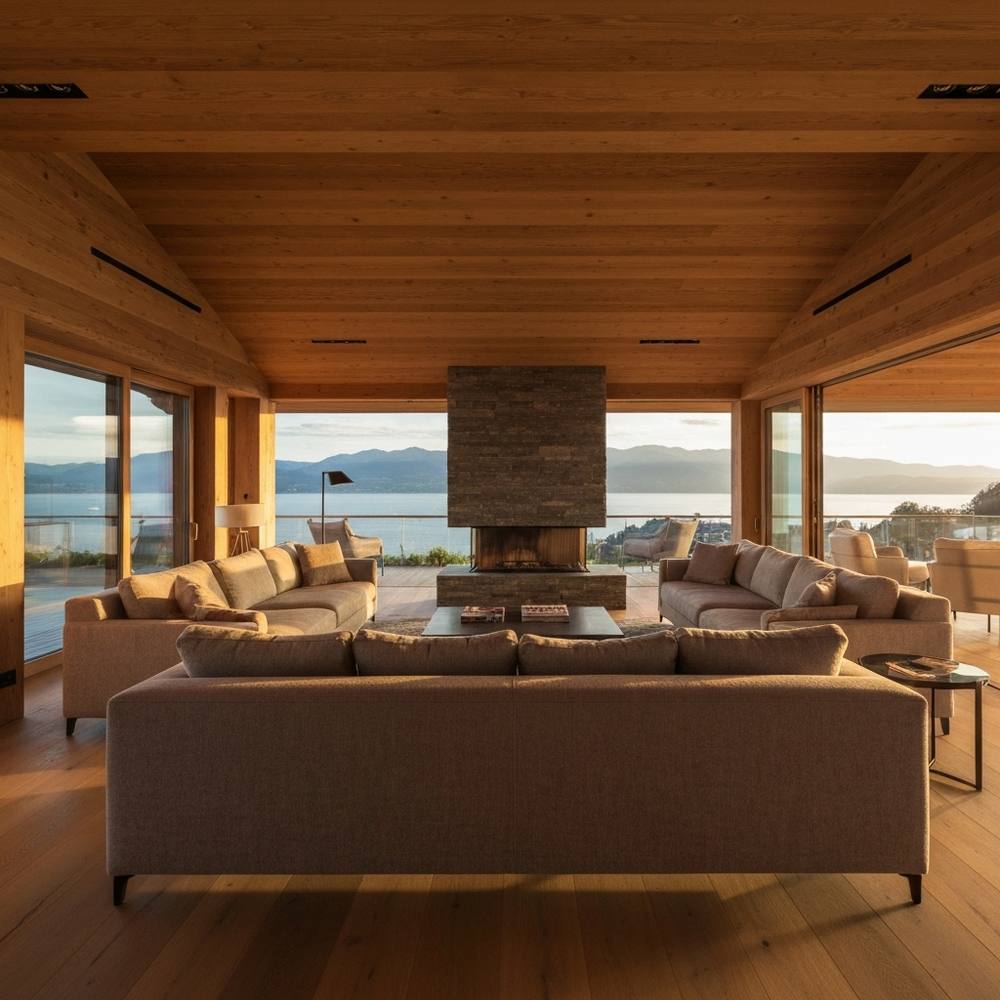 Rénovation de luxe d'un salon moderne dans un style chalet suisse avec vue sur le lac Léman, matériaux haut de gamme.