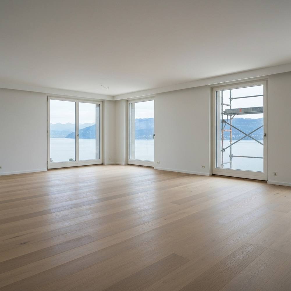 Rénovation haut de gamme d'un salon suisse avec vue sur le lac Léman, utilisant des matériaux modernes et des échafaudages.
