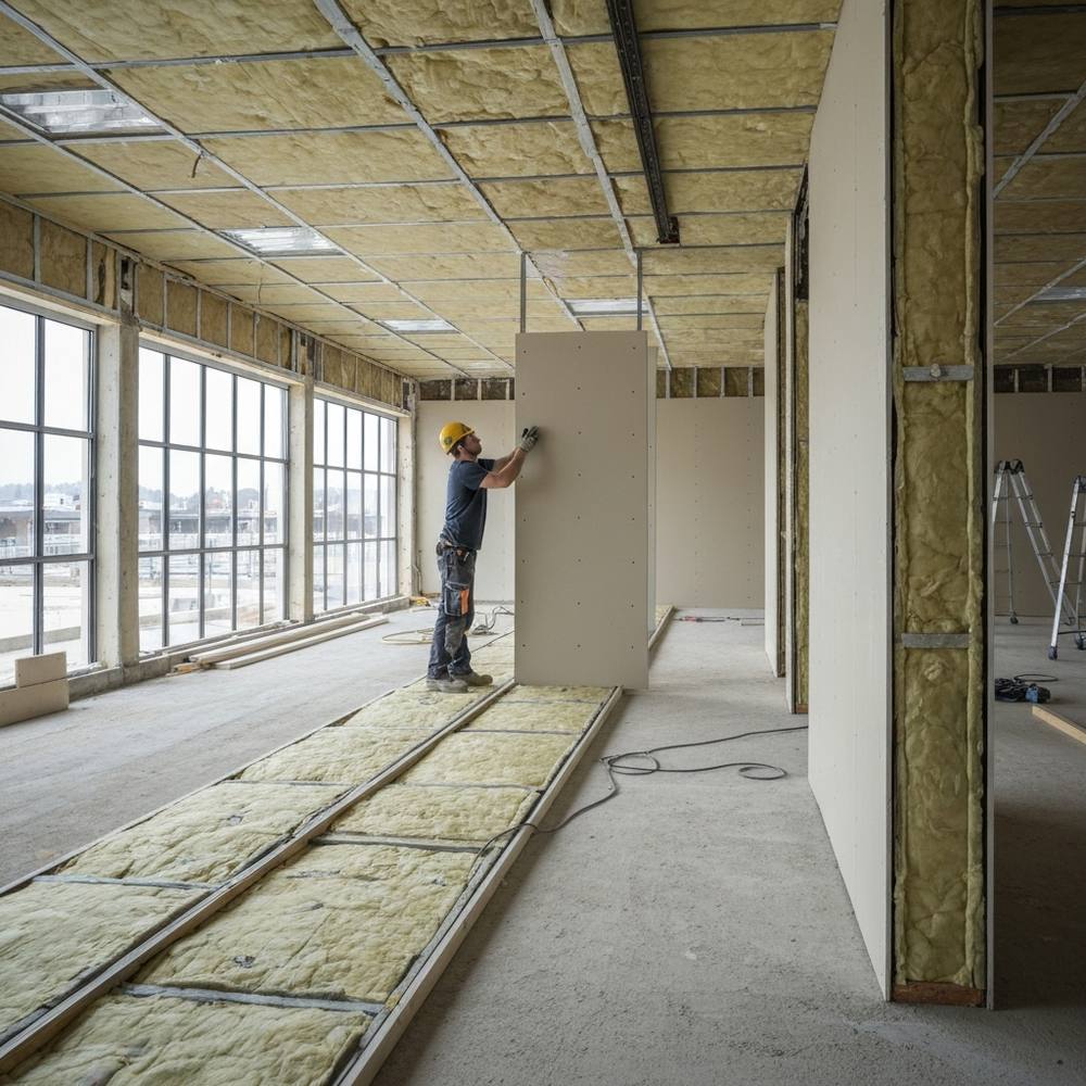 Ouvrier installant une isolation ignifuge et des cloisons sèches dans un projet de rénovation commerciale dans la région de Vaud.