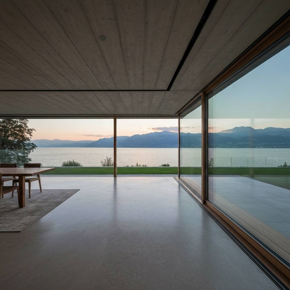 Rénovation intérieure de villa moderne de luxe dans le Vaud avec vue sur le Lac Léman, style architectural ultra-réaliste.