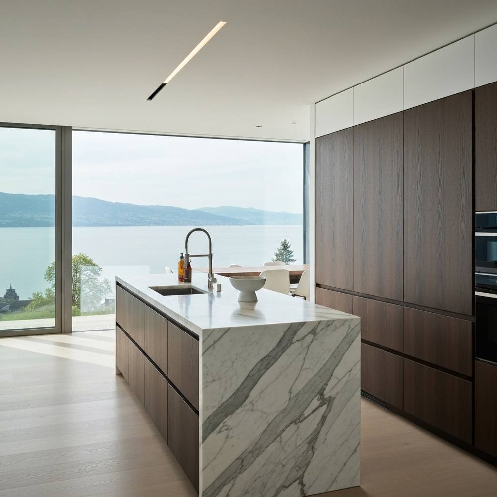 Cuisine de luxe haut de gamme à Genève avec îlot en marbre, armoires en bois épurées et éclairage intégré, style photoréaliste.