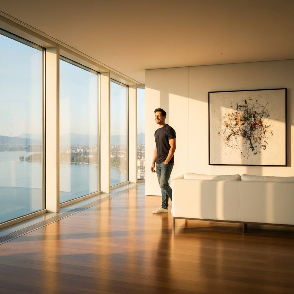 Un salon de luxe moderne et lumineux à Lausanne avec de grandes fenêtres donnant sur le lac Léman, mettant en valeur des finitions de rénovation haut de gamme comme des parquets et un éclairage sur mesure.