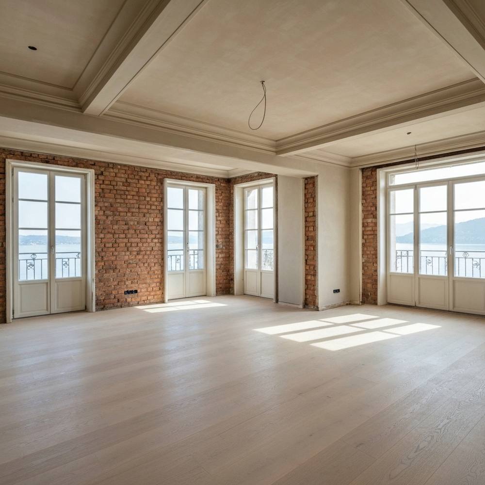 Rendu photoréaliste d'un salon luxueux en cours de finition dans un appartement haussmannien à Lausanne, montrant des matériaux nobles et une vue sur le lac