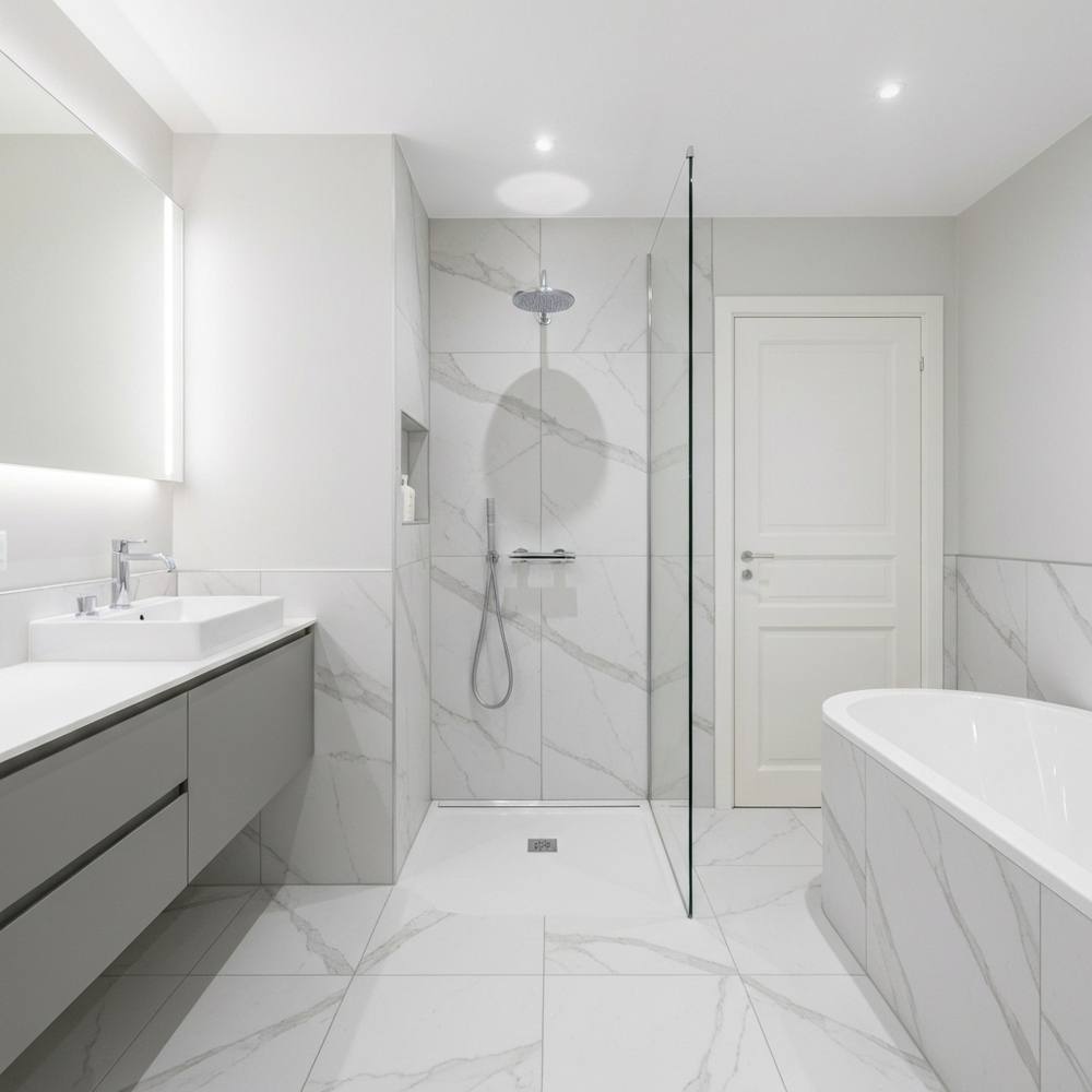 Rénovation de salle de bain de luxe moderne dans le canton de Vaud en Suisse avec finitions en marbre et douche à l'italienne.