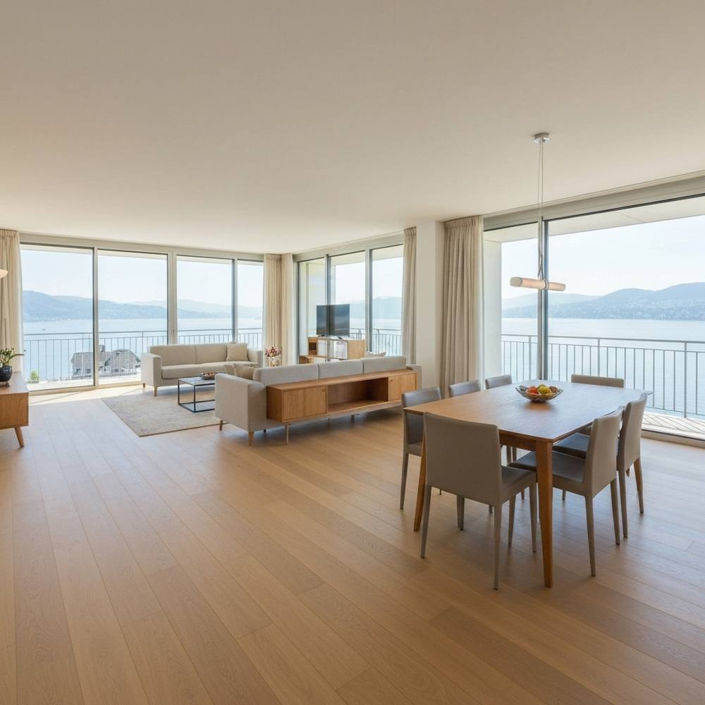 Rénovation haut de gamme d'un appartement spacieux à Lausanne avec vue sur le lac Léman, style moderne, parquet en bois.