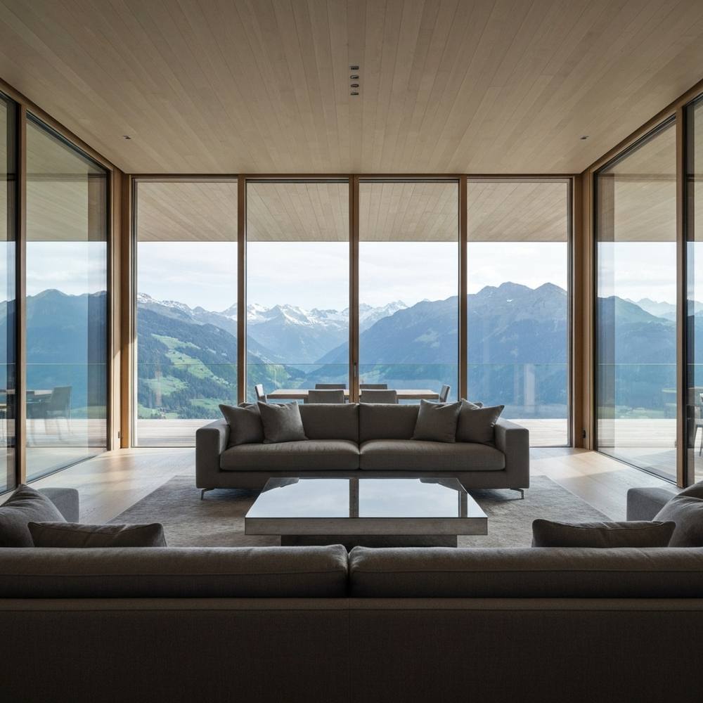 Rénovation intérieure de villa de luxe moderne en Suisse avec salon ouvert et finitions haut de gamme.
