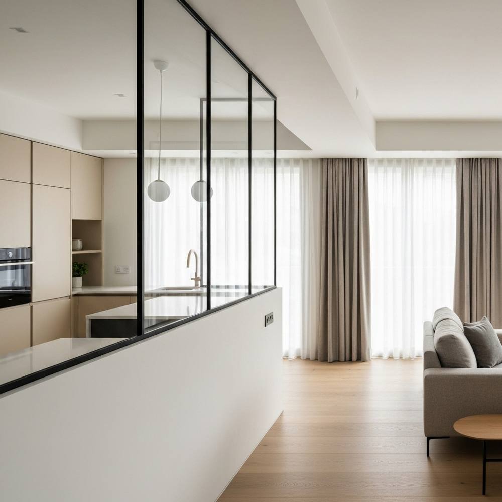 Cloison vitrée moderne séparant la cuisine du salon dans un projet de rénovation.