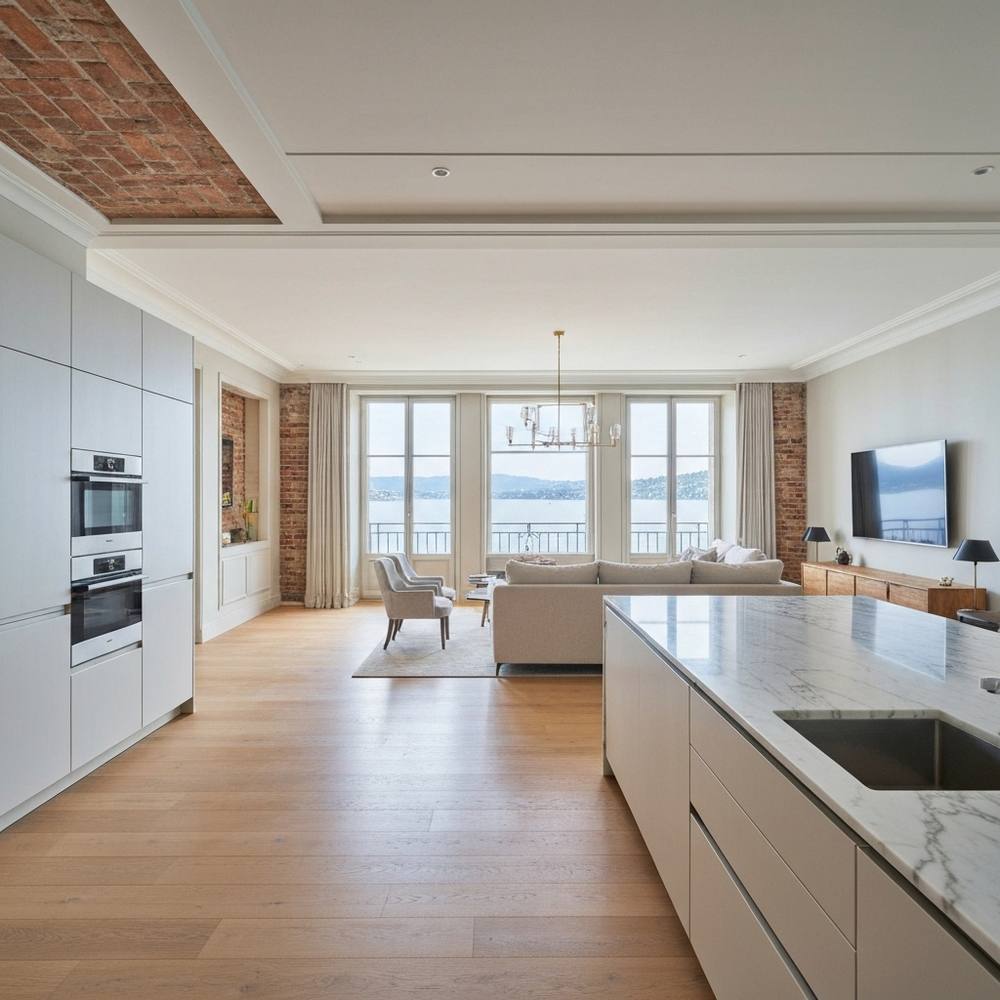 Rénovation haut de gamme d'un ancien appartement à Lausanne, montrant le contraste entre les moulures classiques et le mobilier moderne.